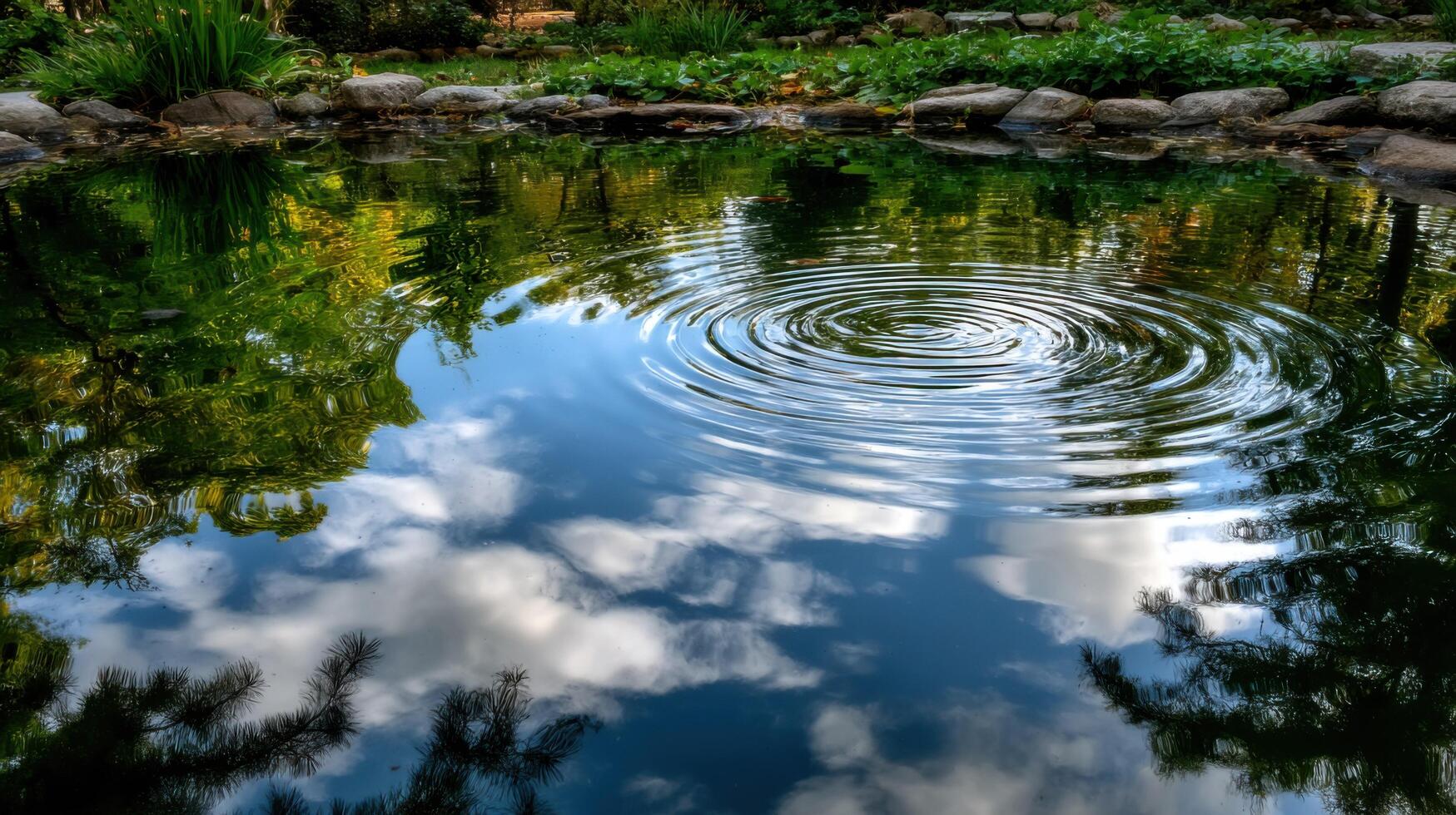 A pond with a circular reflection of clouds photo