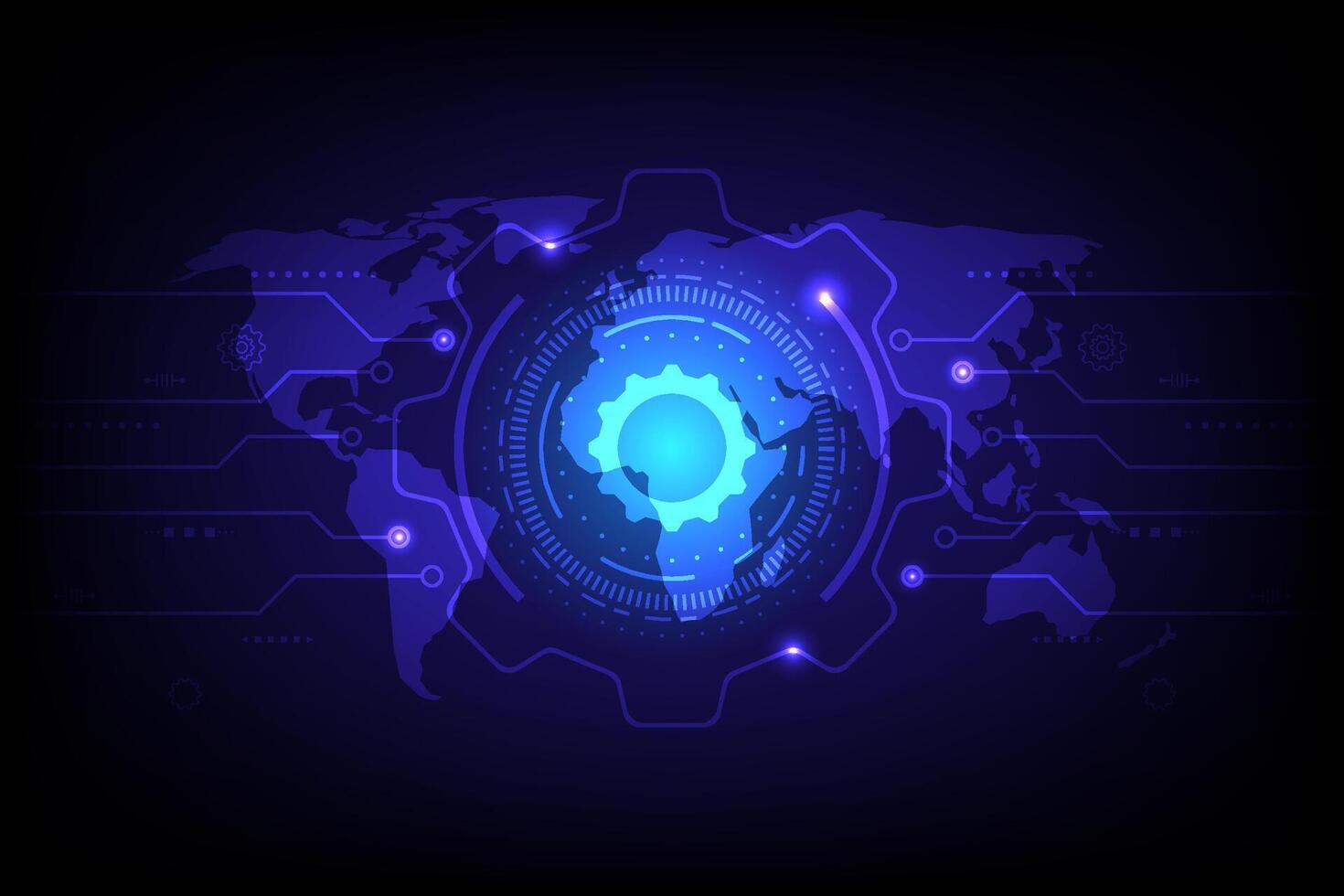 Abstract glowing world map with futuristic digital interface and global network connection design vector