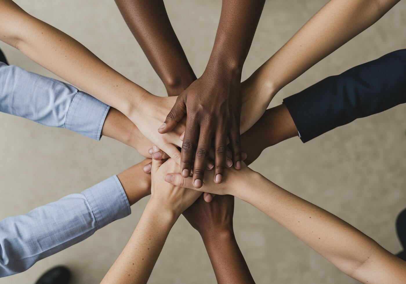 Closeup of diverse hands joined together in a symbol of unity and teamwork photo