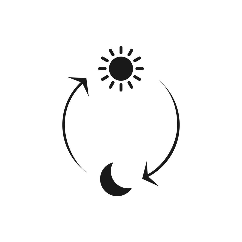 minimalist day and night cycle icon with sun and moon connected by curved arrows, representing time change or light mode and dark mode transition vector