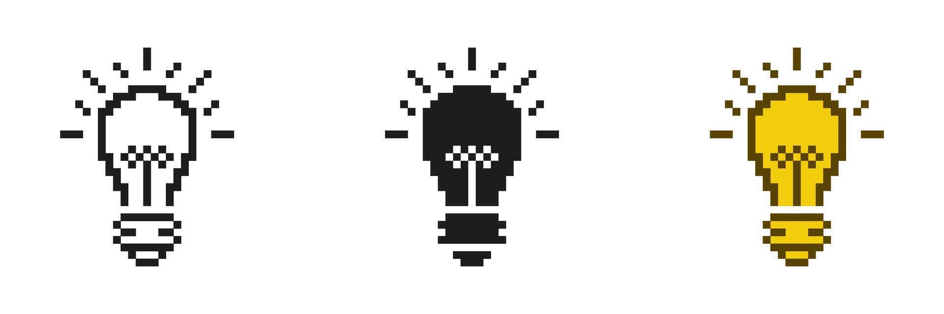 Lightbulb Pixelated Icon Set. Bright Idea Symbol Of Innovation and Creativity in Pixel Art Style. Inspiration and Creative Thought. Isolated Illustration vector