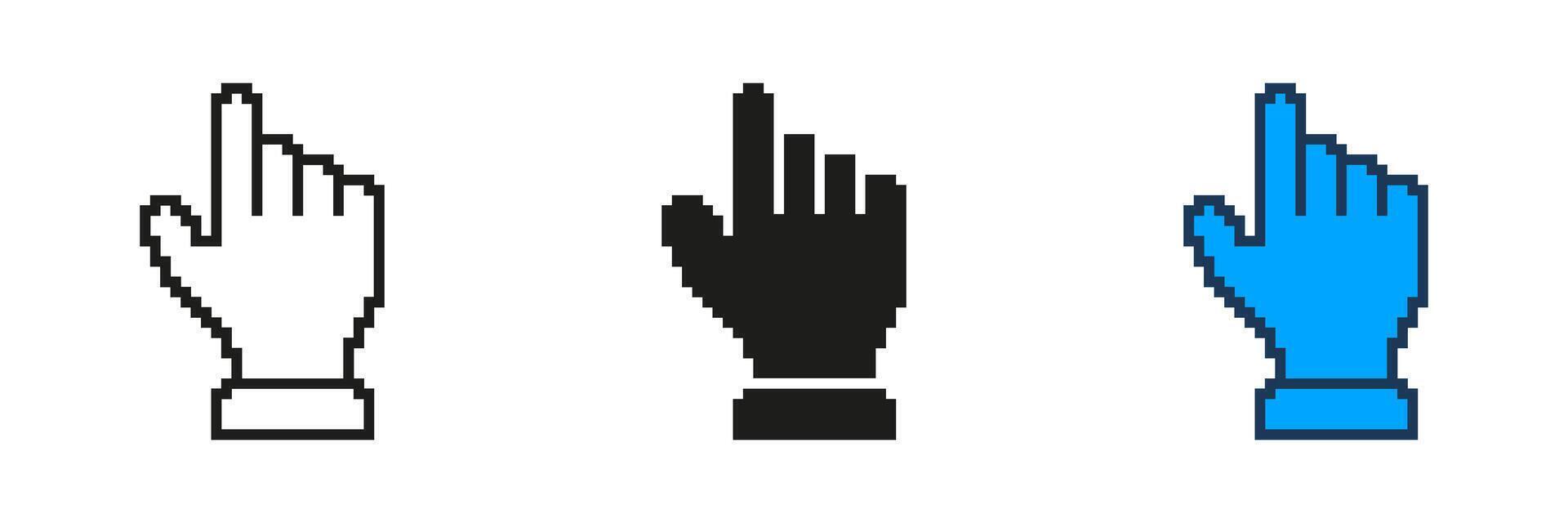 Pixelated Hand Cursor Icon Set. Pointing Finger Shape in Pixel Art Style. Interactive Pointer Symbol for Digital Navigation. Isolated Illustration vector
