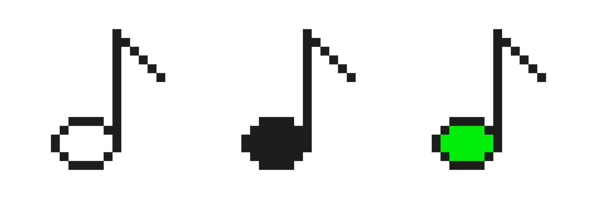 Pixel Art Music Note Icon Set. Musical Symbol Collection In Pixelated Style. Includes Black And Green Variations For Digital And Retro Design. Isolated Illustration vector