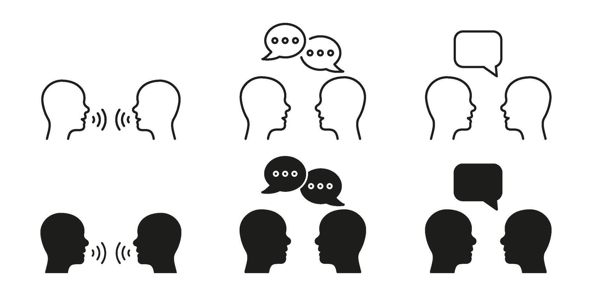 Two People Communicating Line And Solid Icon Set. Conversation, Dialogue, And Interaction Symbol Collection. Speech Bubbles And Sound Waves. Isolated Illustration vector