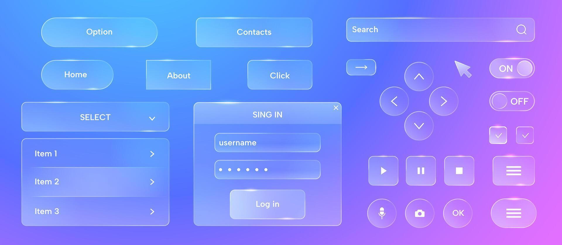 Glass ui elements. Round website buttons with icons, glassmorphism button user interface controls and web site layout elements. modern glass web navigation buttons set vector