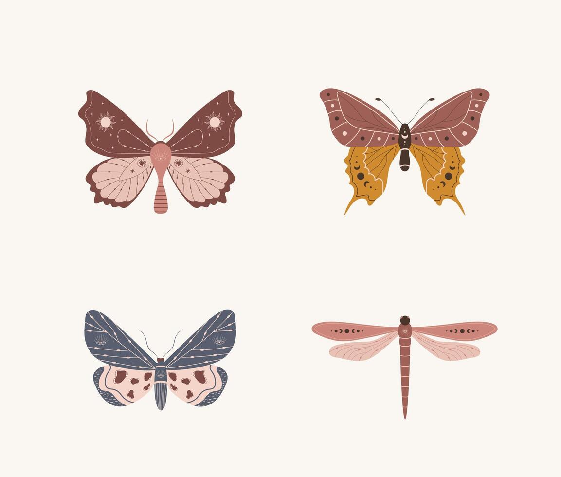 Boho butterfly set. Set of insects with celestial elements. Alchemy esoteric symbols. Abstract hand drawn moths. illustration in bohemian style vector