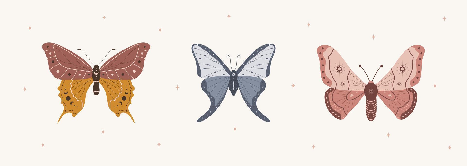 Boho butterfly bundle. Set of insects with celestial elements. Alchemy esoteric symbols. Abstract hand drawn moths. illustration in bohemian style vector