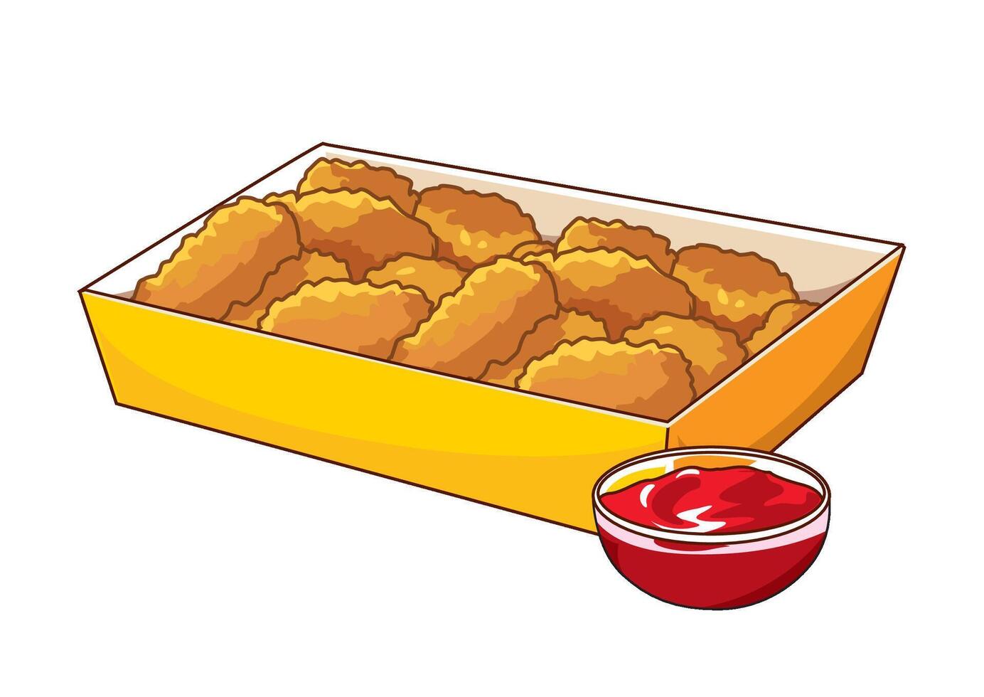 Golden crispy chicken nuggets served in a yellow container with a side of red ketchup, perfect for sharing and snacking. vector
