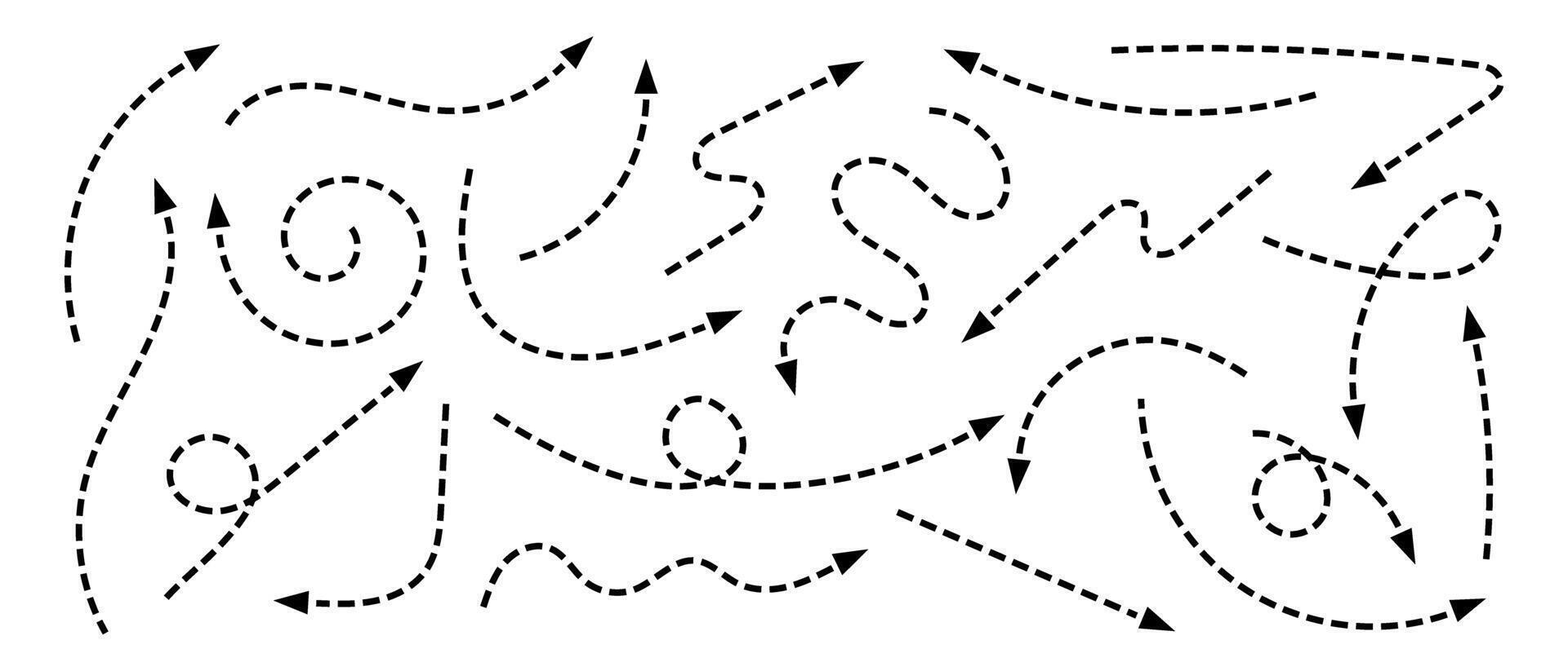 Set of black hand drawn arrows with dotted path lines. Collection of curved dashed pointers in doodle style. Direction, orientation or cursor signs. graphic illustration vector