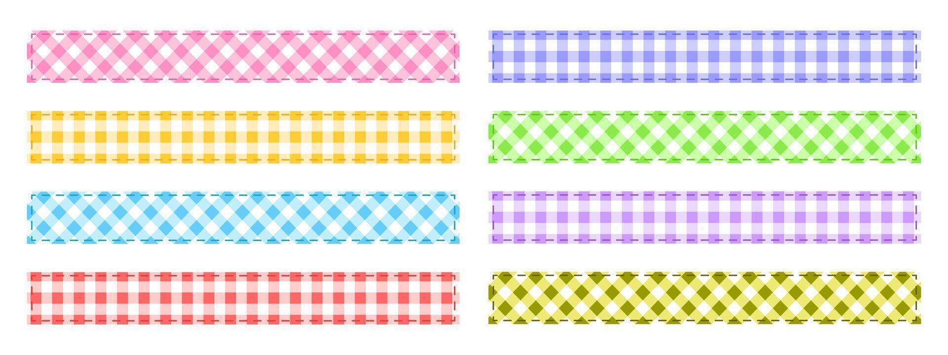 Textile tapes with checkered pattern and stitched border lines. Rectangular patches with gingham or vichy fabric print isolated on white background. flat illustration vector