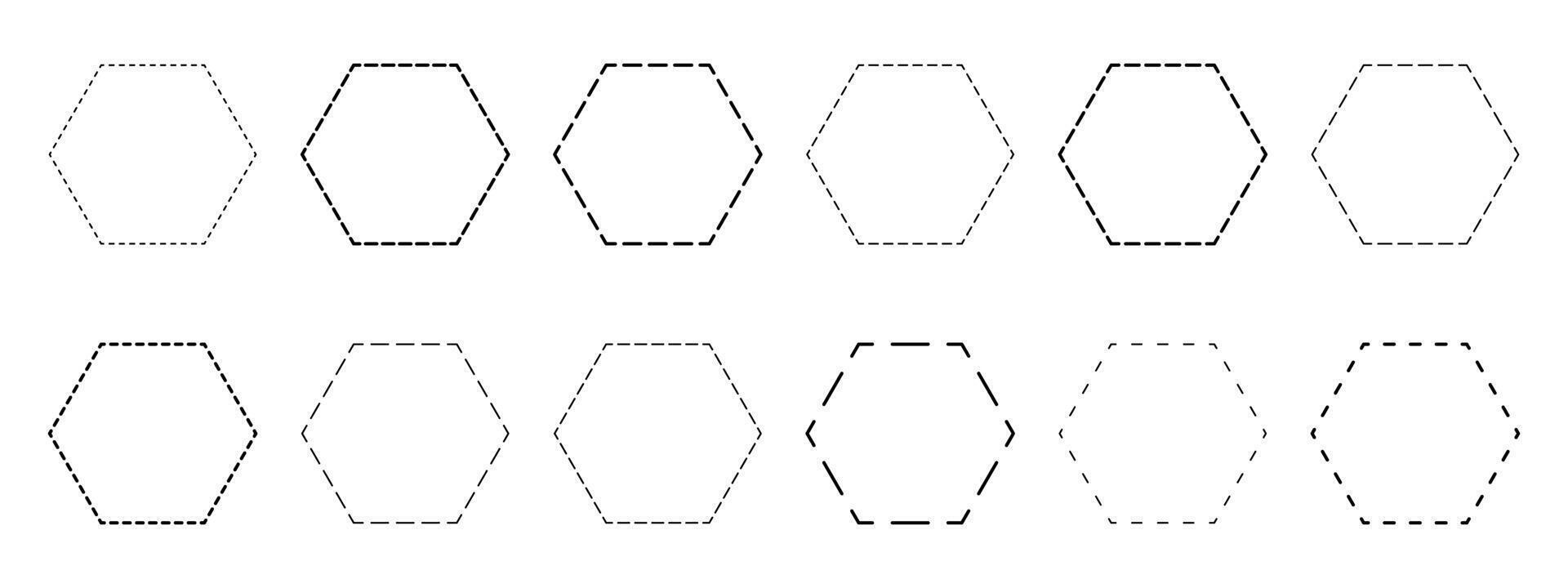 Set of hexagon shapes with dashed lines. Dotted geometric figures isolated on white background. Cut here pictograms. outline illustration vector