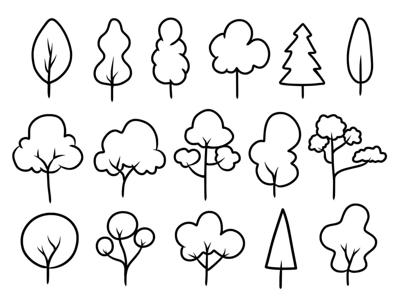 Simple tree outline icon doodle set. Collection of minimalist outline drawings of various forest and park trees nature symbols. vector