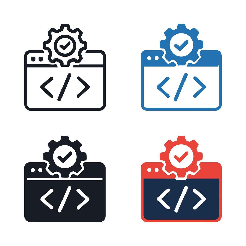 programación icono conjunto con código ventana, engranaje, y marca de verificación web desarrollo símbolos vector