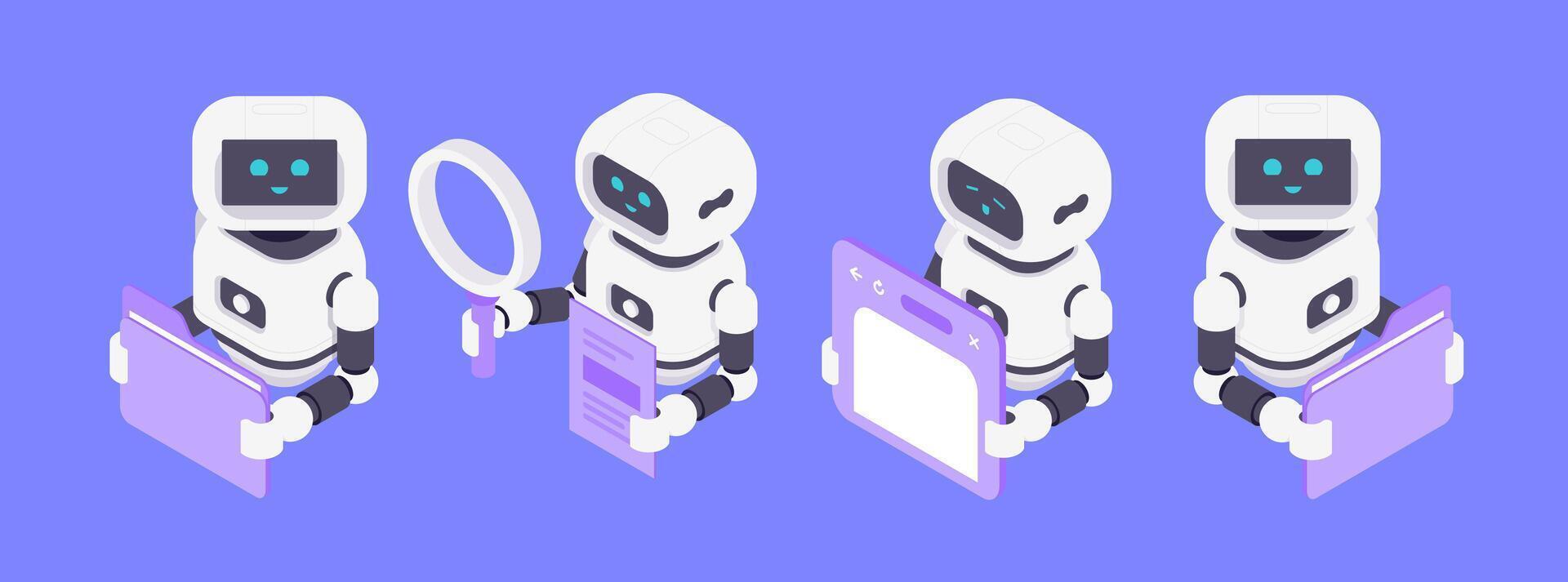 isométrica ilustración ai robots analizando buscando gerente y almacenamiento datos con digital automatización tecnología vector