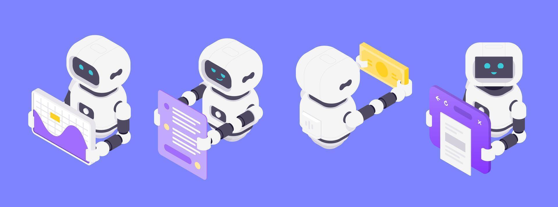 isométrica ilustración presentando ai robots analizando datos comunicado gerente Finanzas y web Interacción vector