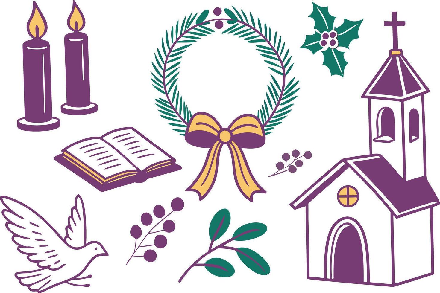 Colorful Second Advent Sunday Candle Collection for Holiday Design Christian Second Advent Sunday Wreath with Burning Candles Artwork vector