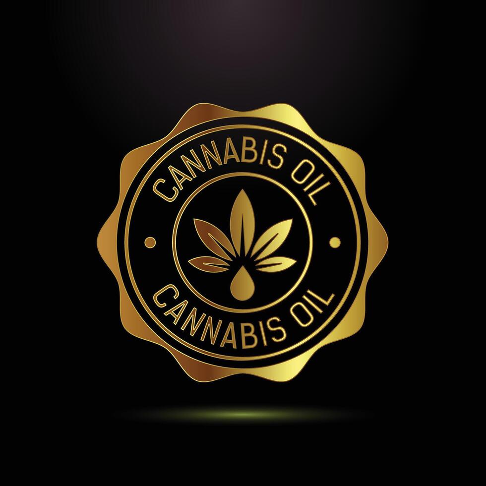 canabis petróleo dorado emblema un natural remedio extraer representando un cáñamo hoja y un gotita vector