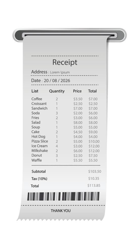 Flat design digital receipt from the machine with product list and barcode. illustration. vector