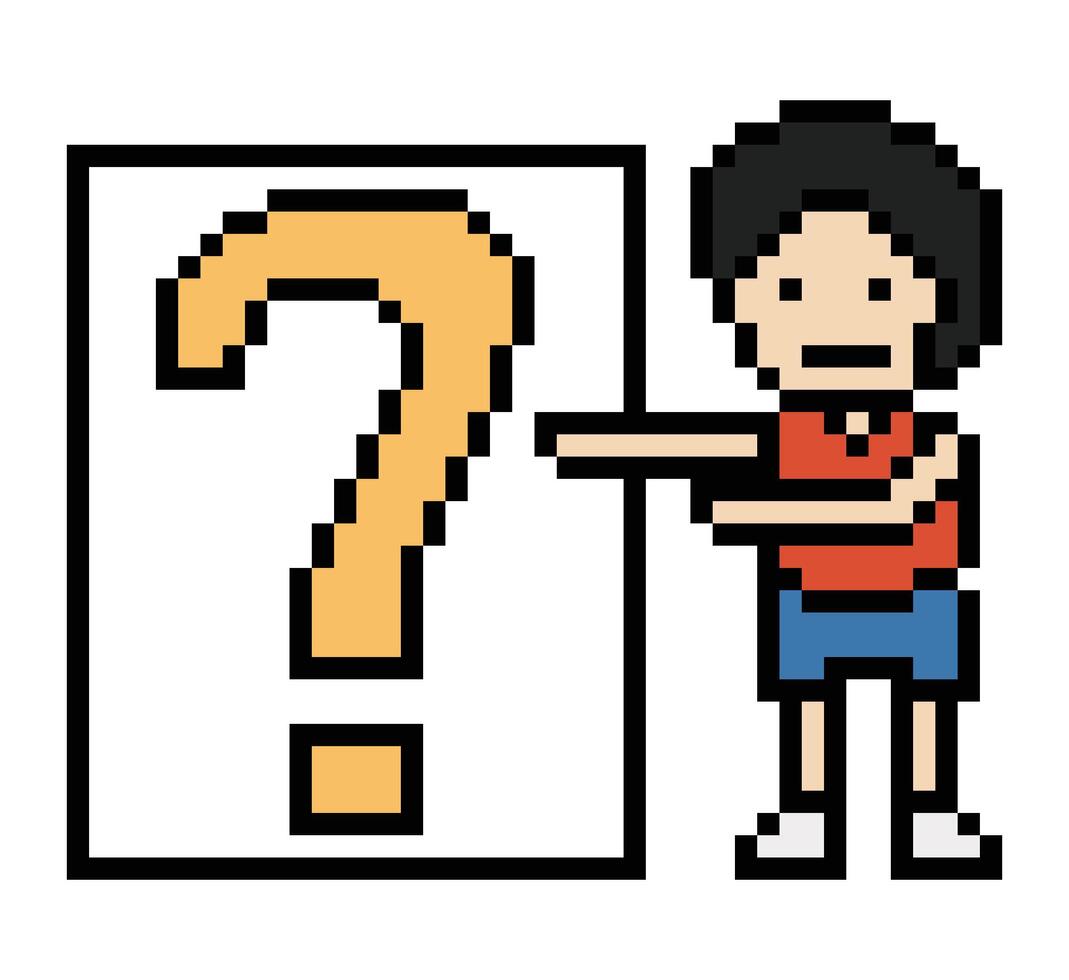 8 bit style of male boy man stand question mark question confuse quiz character query. vector