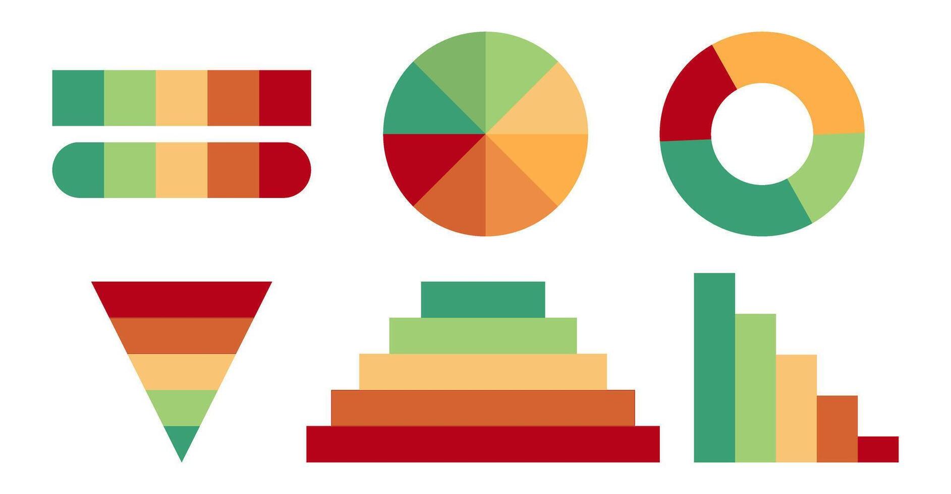 Colorful infographic elements, geometric diagrams including pie chart, donut chart, bar graph, pyramid and more. Perfect for presentations, data visualization, analytics, and business design. vector