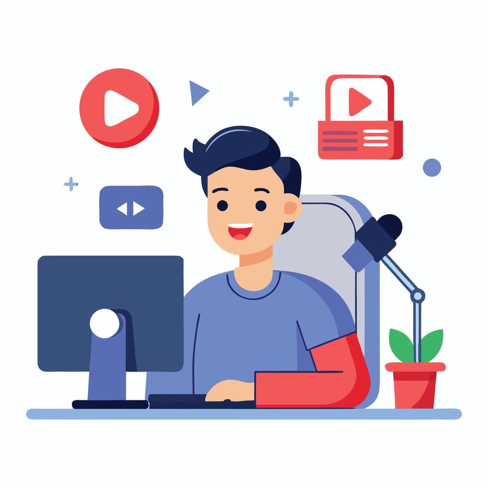 a man is sitting at a desk with a computer. vector