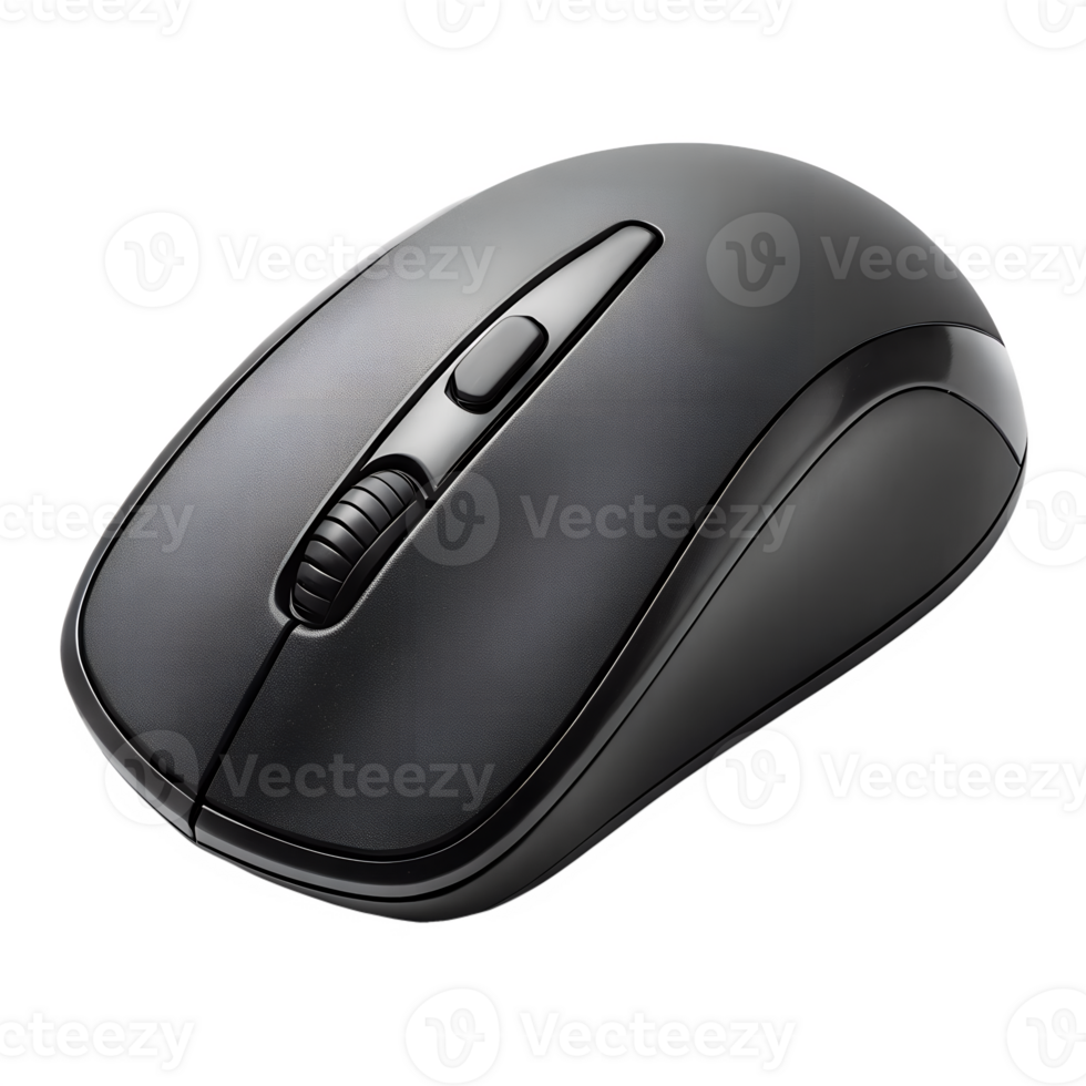 un' moderno ergonomico computer topo nel nero con pollice riposo e scorrere ruota, angolata superiore Visualizza, trasparente sfondo png
