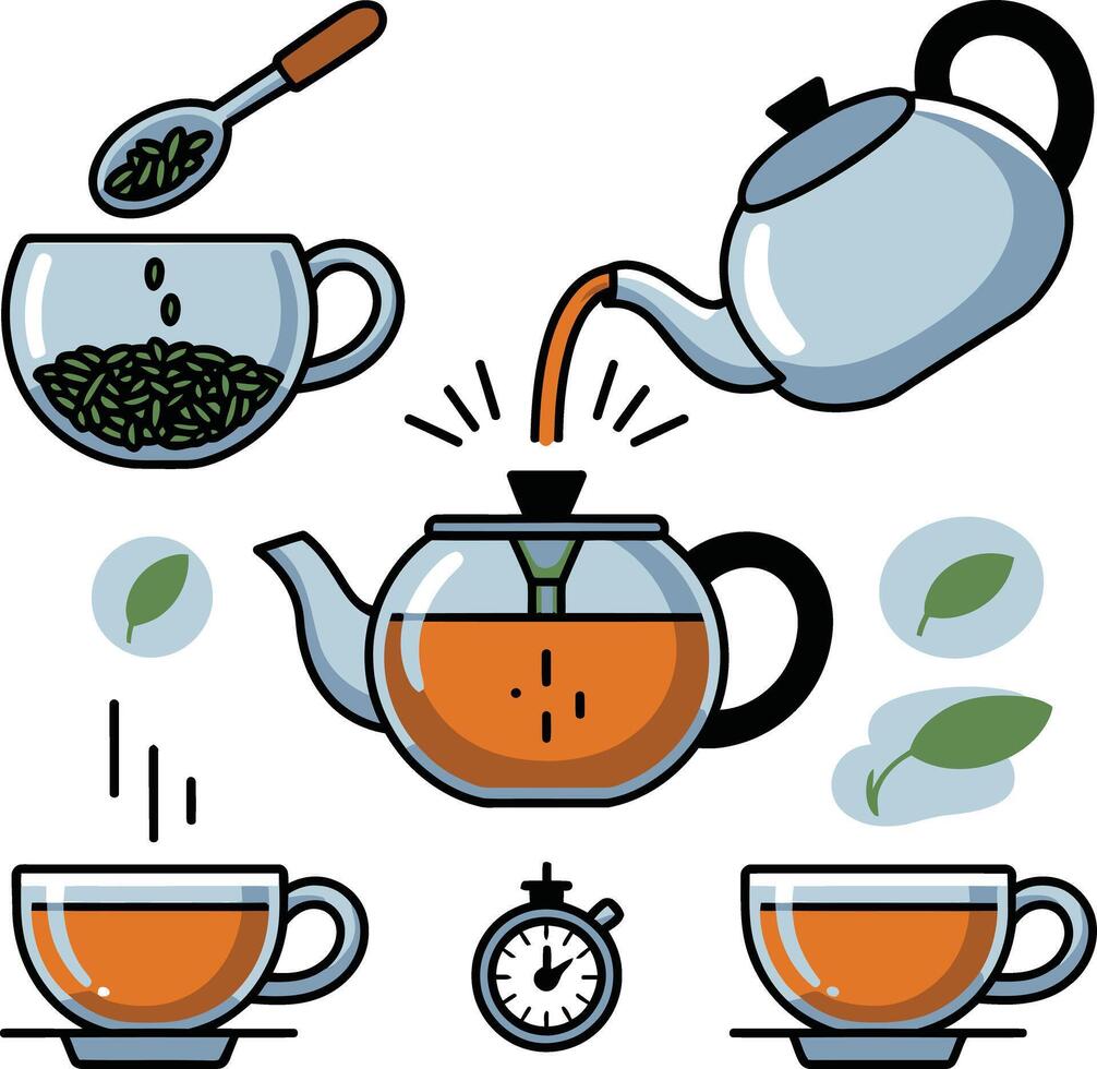 Tea preparation with teapot, cups, and timer isolated on white background illustration vector