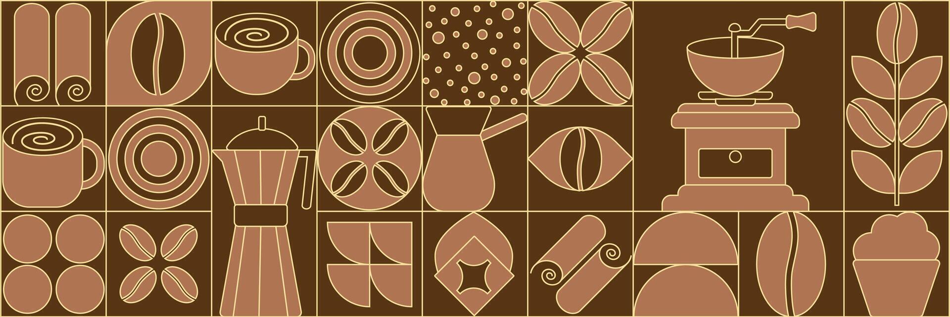 Geometric coffee pattern in minimalist style. A brown and gold pattern with various objects vector