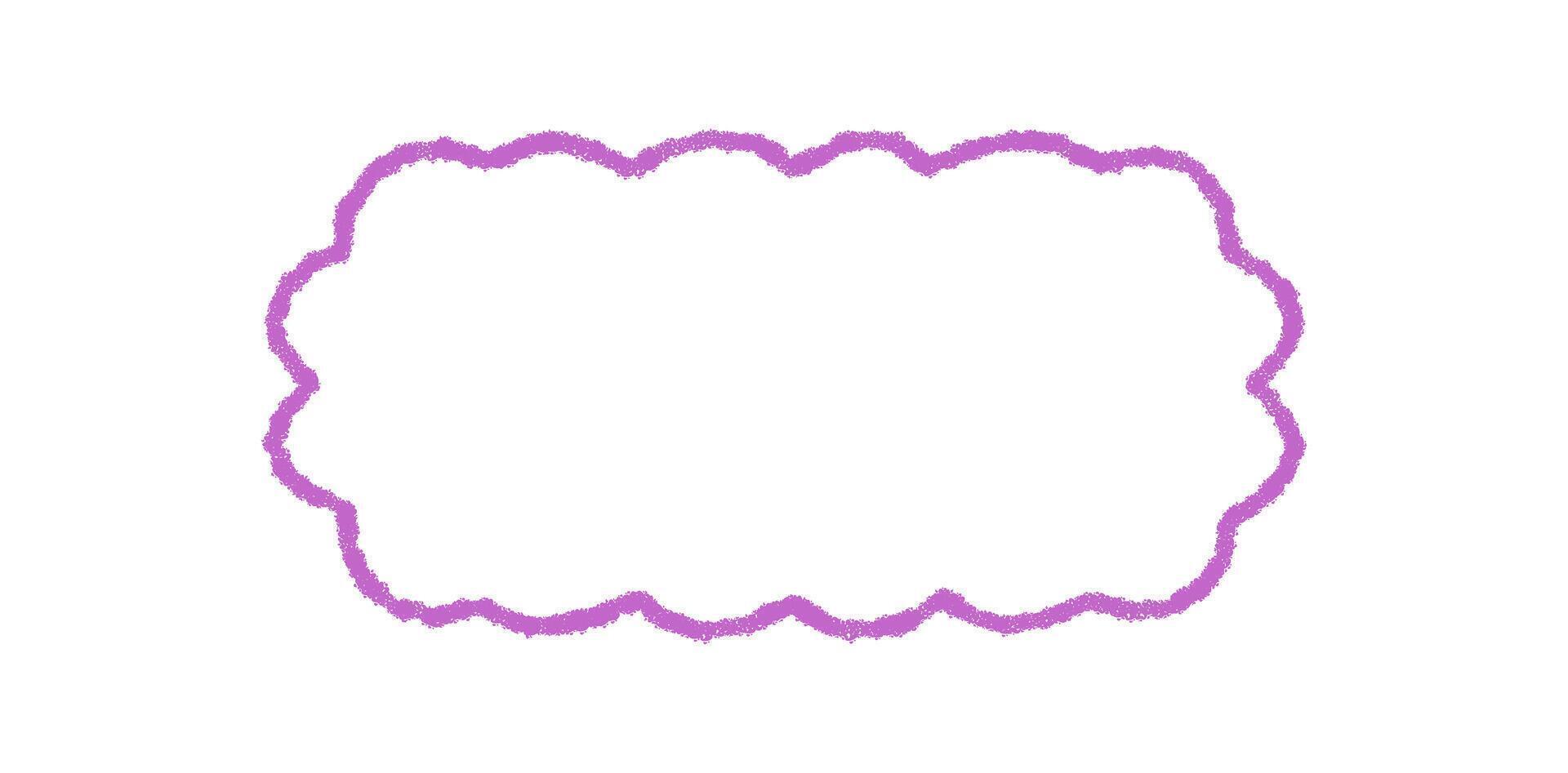 Groovy crayon hand drawn wavy rectangle border with scallop shape. Retro outline and y2k graphic frame in purple, playful background element and chalk style with fun edge. vector