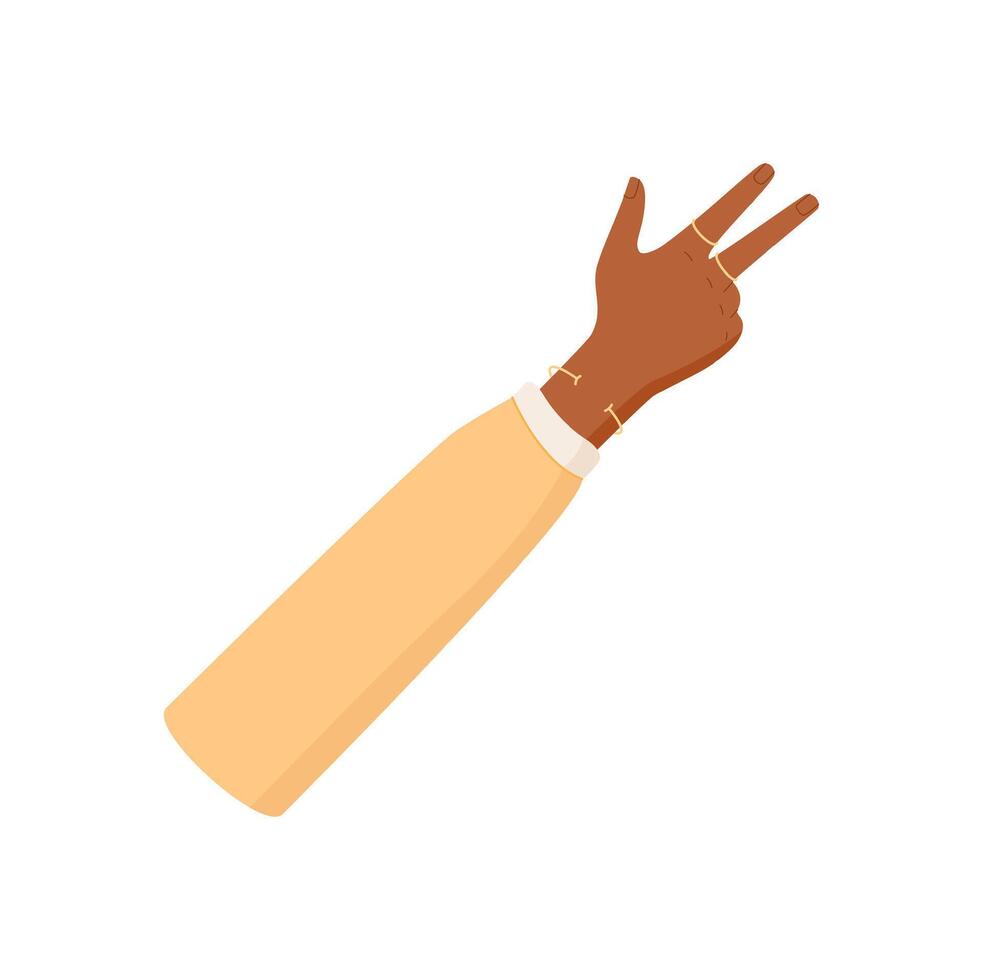 Flat depiction of a black hand showing three fingers with palm up in a counting gesture. Arm features light sleeve. Numbers and counting representation, isolated style, suitable for educational, vector