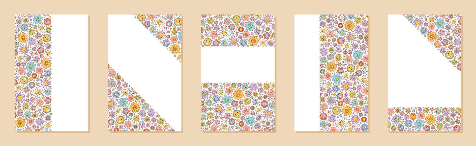 Groovy retro banner set with floral pattern. Colorful flower and smiley template gives unique y2k background as playful banner design, ideal for poster or set layout. vector