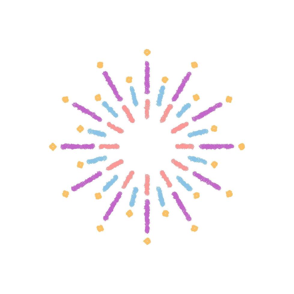 Pastel crayon firework pattern with round burst shape. Festive celebration element in starburst style and soft spark accent. Decorative pastel burst suits cheerful event themes and colorful holiday vector