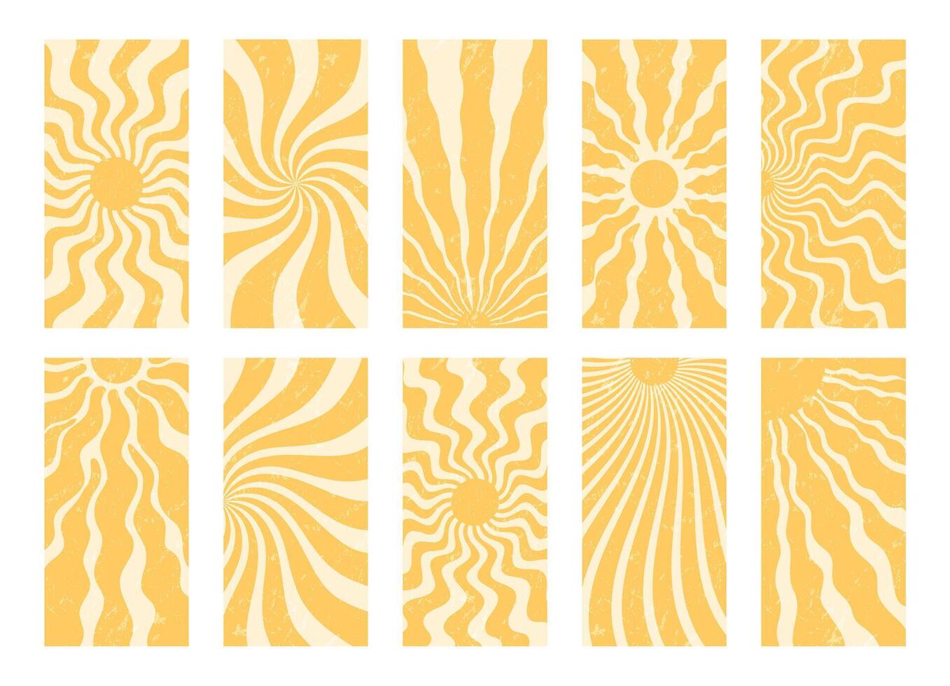 Groovy retro sun burst grungy background set features swirling yellow and orange wave elements with a y2k vibe. Abstract burst and sunshine sun shapes in vertical format for modern trendy poster vector