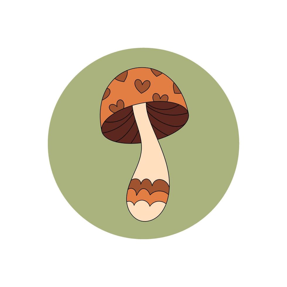 Groovy retro mushroom with heart detail stands in a flat circle sticker. This patch serves as a playful lid seal for any package, adding unique y2k accent in trendy packaging. Bold color, cool round vector