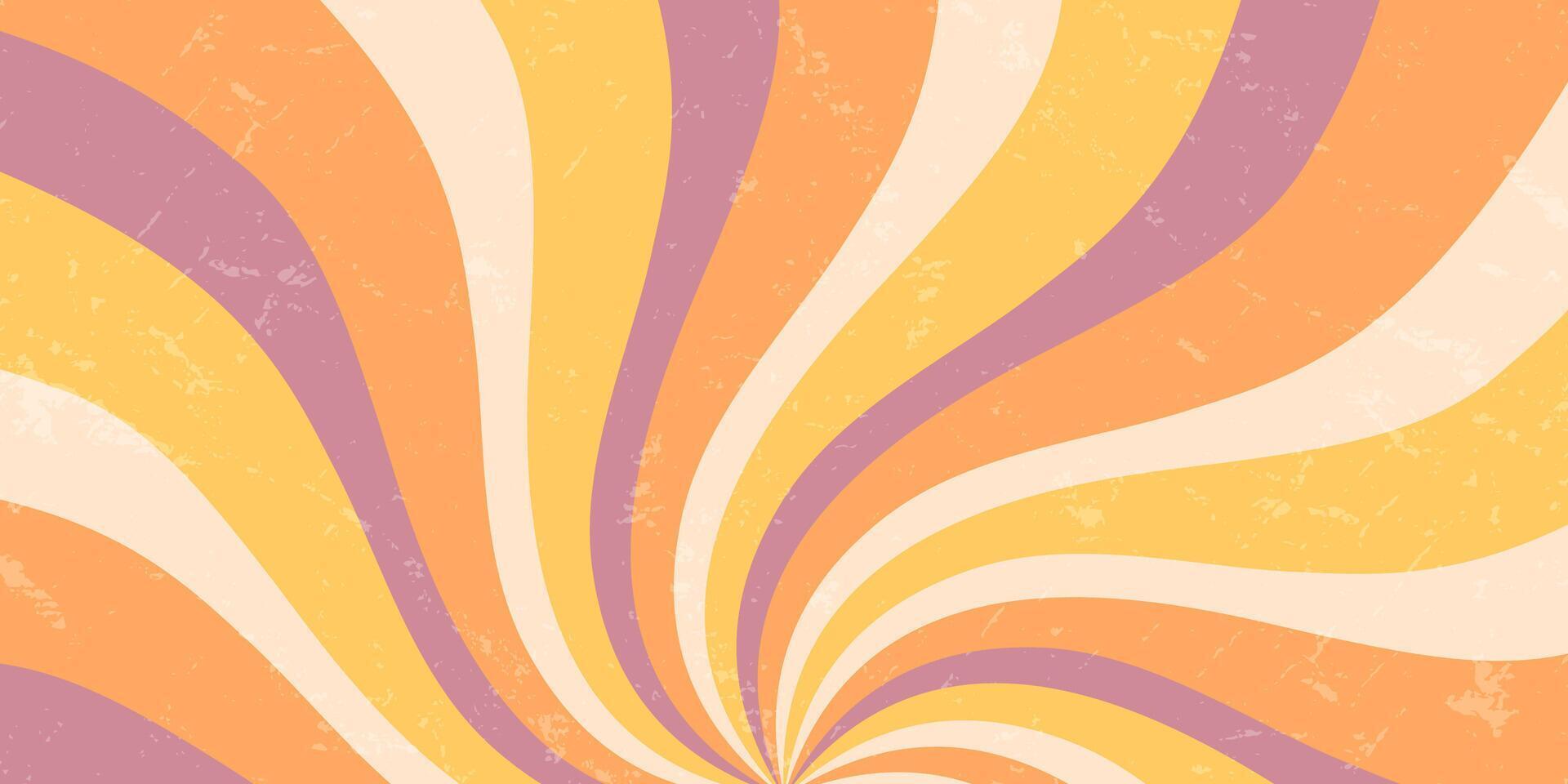 Groovy retro sun burst wave in orange and yellow creates a grungy swirl effect. sun and sunshine elements add y2k graphic style. Horizontal background for creative trendy visual projects. vector
