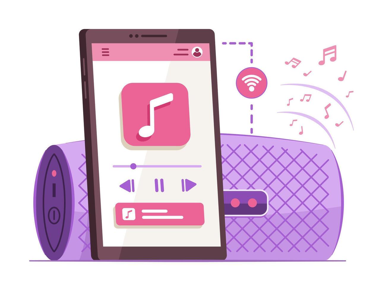 Smartphone Connected with Wireless Portable Speaker via Wi-Fi Signal to Playing Song for Wireless Connection Technology and Entertainment Concept Illustration vector