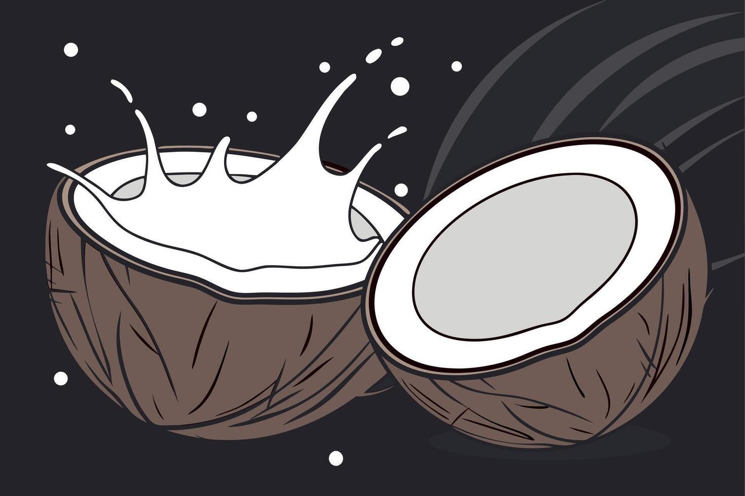 Two halves of a brown coconut with white milk splashing from one half against a dark background with abstract lines vector