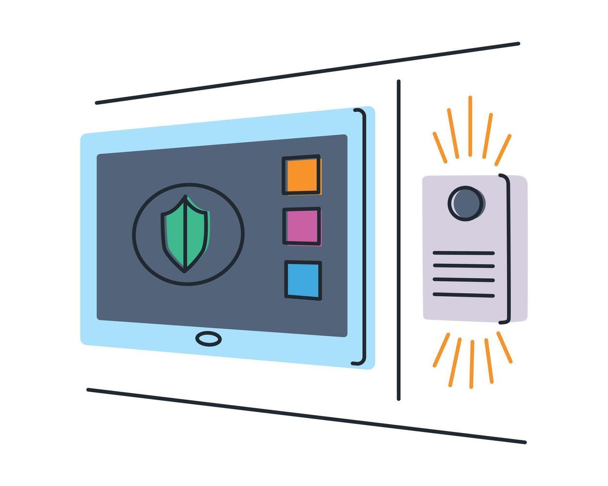 Flat cartoon illustration of smart home security system with wall control panel and sensors. Wireless protection and automation, digital safety technology, home monitoring visuals vector