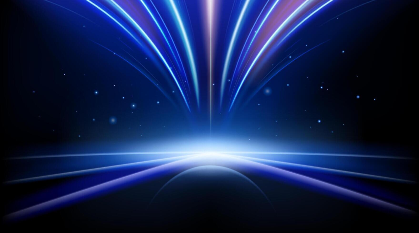 Abstract blue light rays bursting from a glowing horizon. Futuristic space and technology background. vector