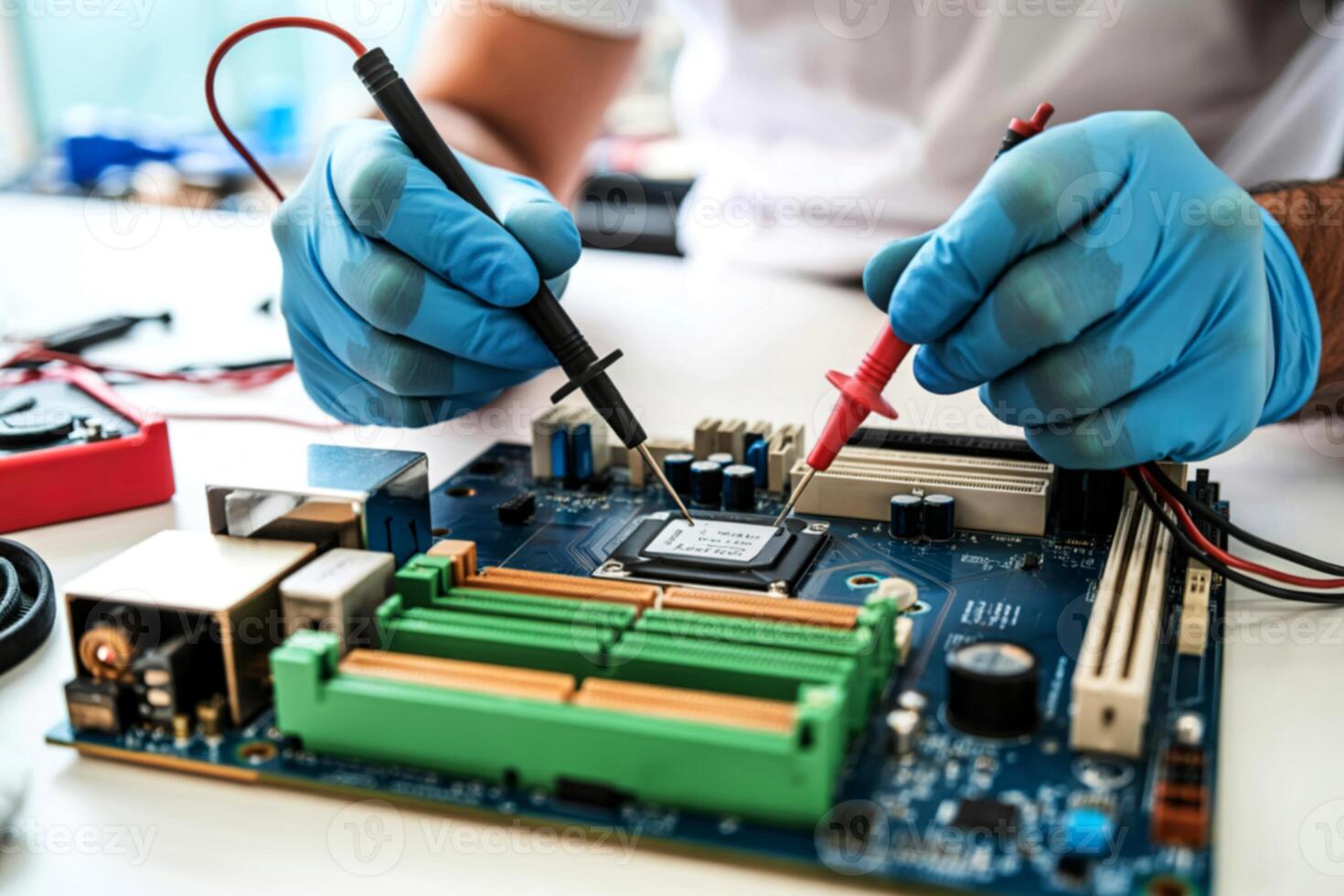 Technician uses multimeter probes to test a computer motherboard and cpu photo