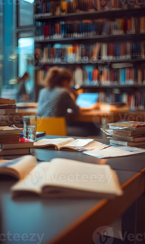 Tranquil library scene with open books and soft background depicting focused students and a vibrant bookshelf for scholarly pursuits and intellectual atmosphere creating a serene photo