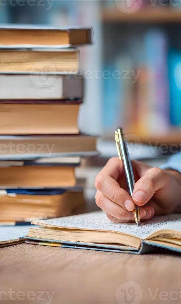 Studious individual writing in a journal beside a towering stack of literature in a tranquil study room environment exploring ideas and capturing thoughts with a penmanship photo