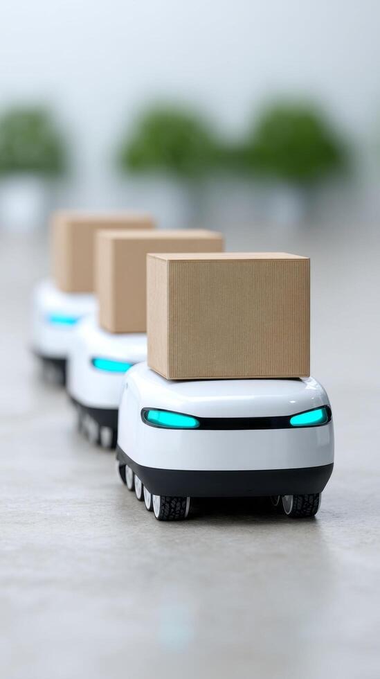 Miniature robotic couriers glide in synchronized harmony, evoking Cyber Monday efficiency and future forward logistics in automated splendor photo