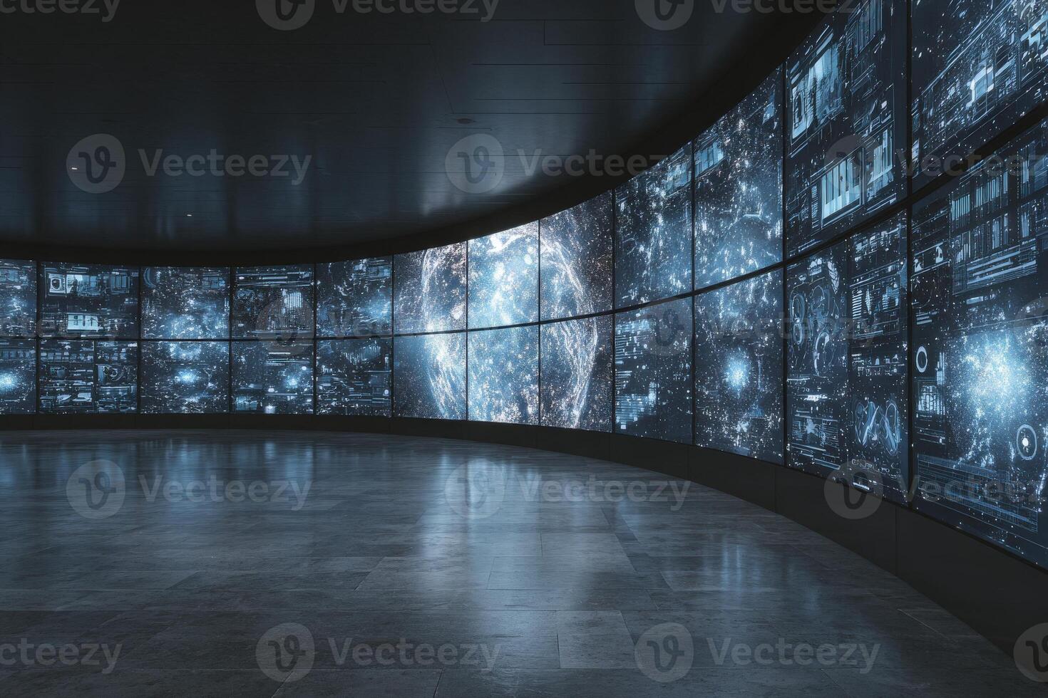 In a modern, circular room filled with advanced technology, multiple screens showcase intricate data visualizations. The ambient lighting creates a sleek atmosphere, enhancing the digital experience. photo