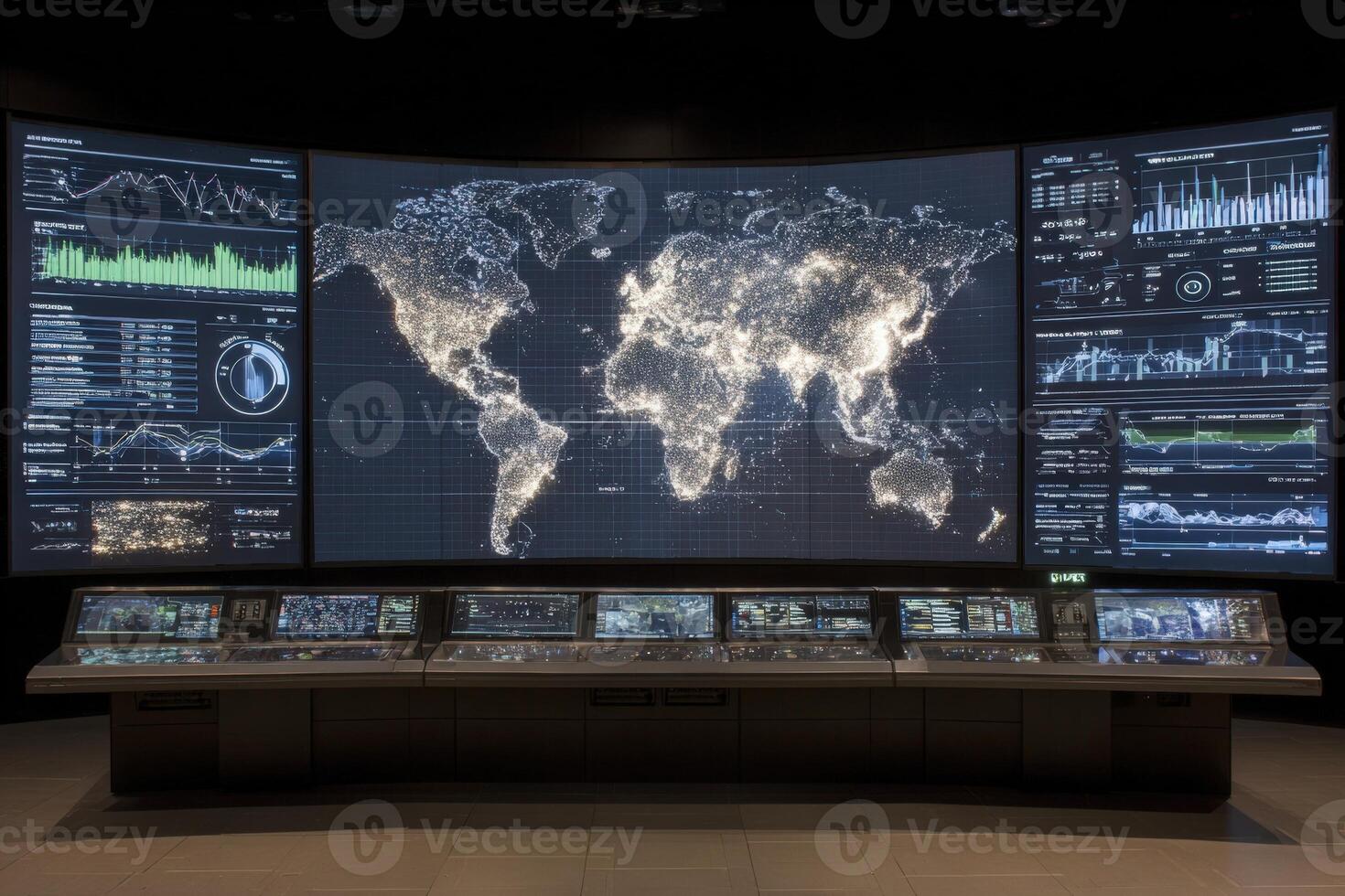 The center features a large curved display showcasing a detailed map of the world illuminated by data points. photo