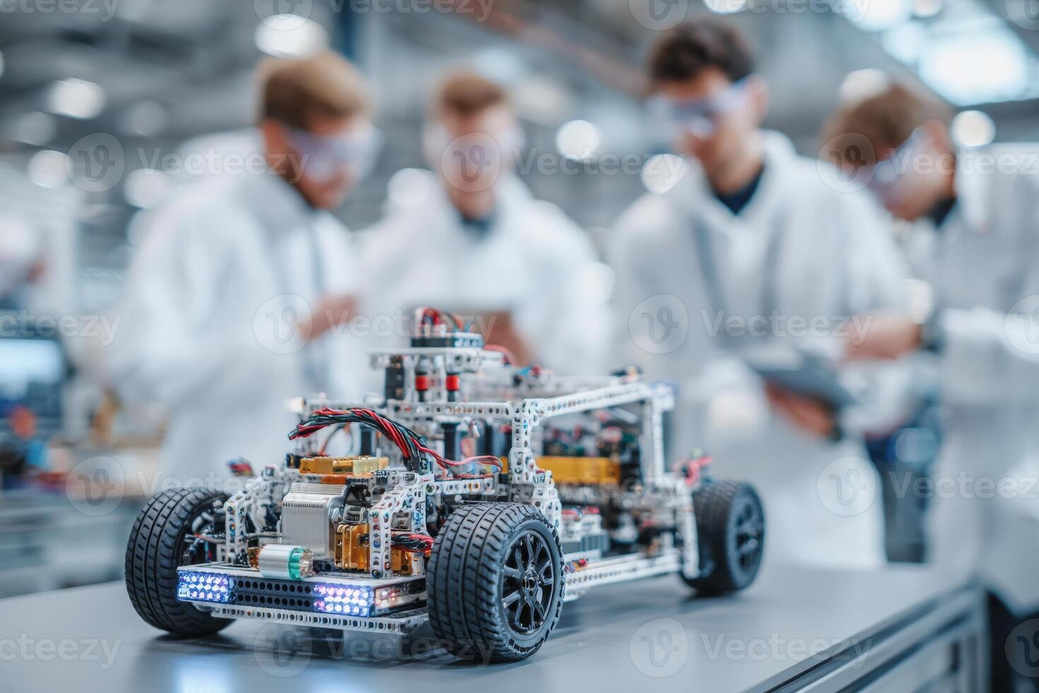 Engineering students work collaboratively in a well-equipped workshop, focusing on a robotic car made from intricate components and electronic parts. Tools and technology surround them. photo