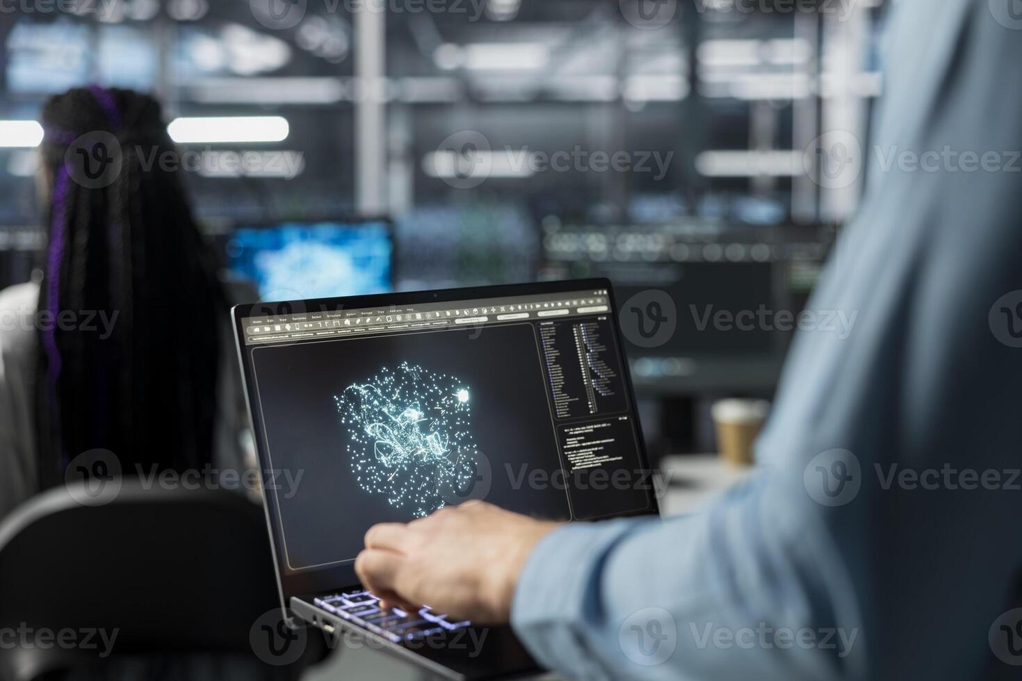 Close up of admin using laptop in data center, optimizing hardware for AI tasks. Server room IT worker using notebook, automating system diagnostics using deep learning predictions photo