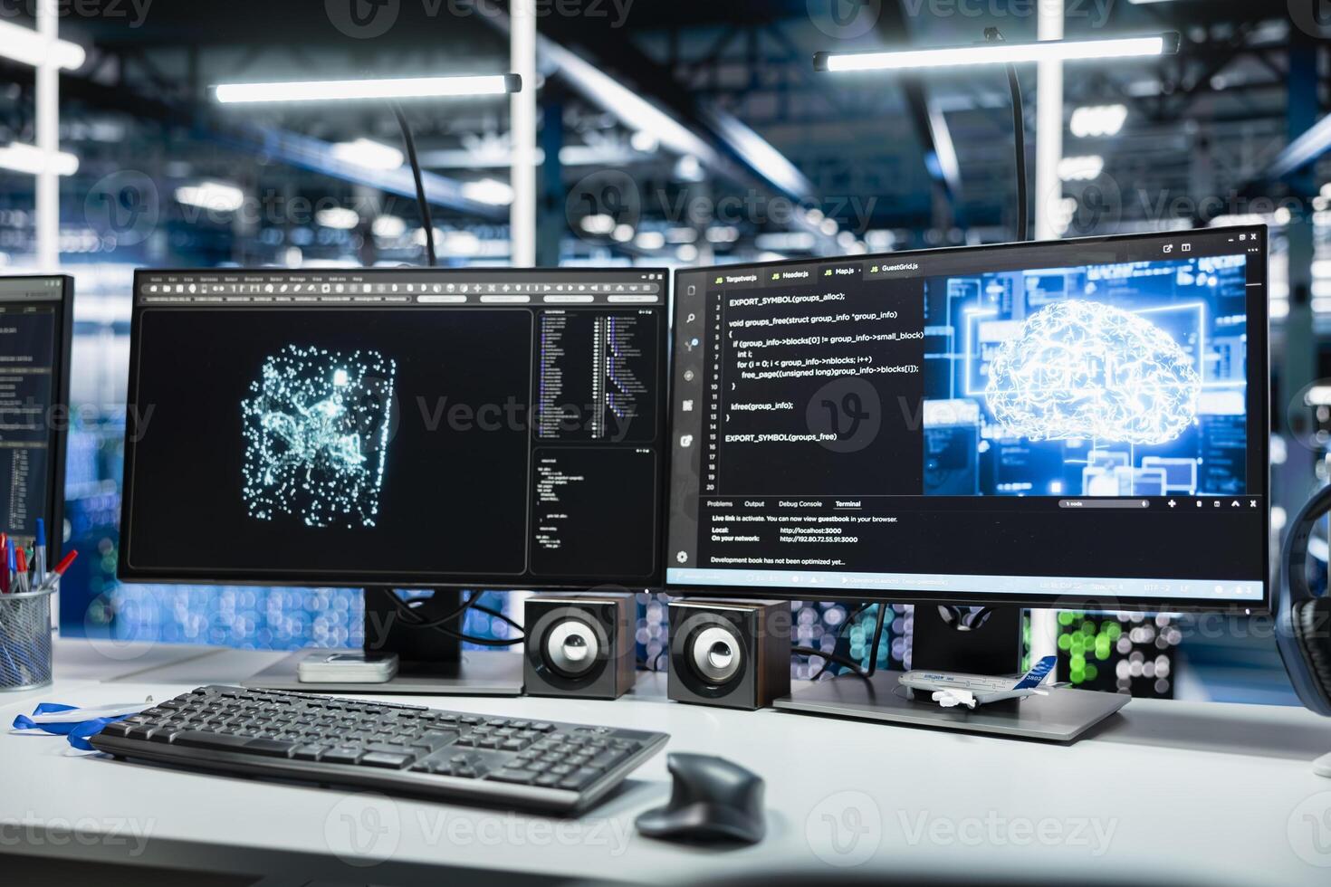 Close up of deep learning app running on PC monitors in data center with rows of operational server racks. Computer displays with artificial intelligence technology programs in server farm photo