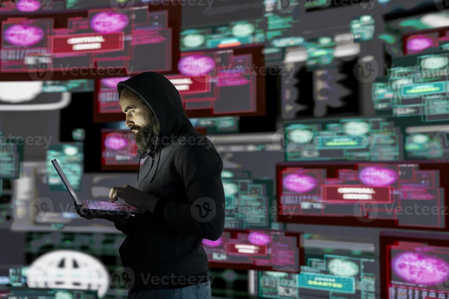 Cyber infiltration unfolds as a hacker is targeting network systems, bypassing encryption and engaging in espionage. Man practices identity theft and data breaches through AI manipulation. photo