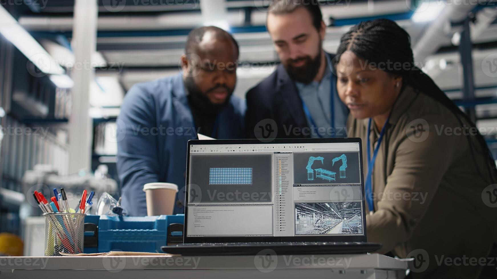 Group of industry experts engineers examining solar panel systems during a production inspection, ensuring engineering accuracy, quality control and factory operations efficiency. Camera A. photo